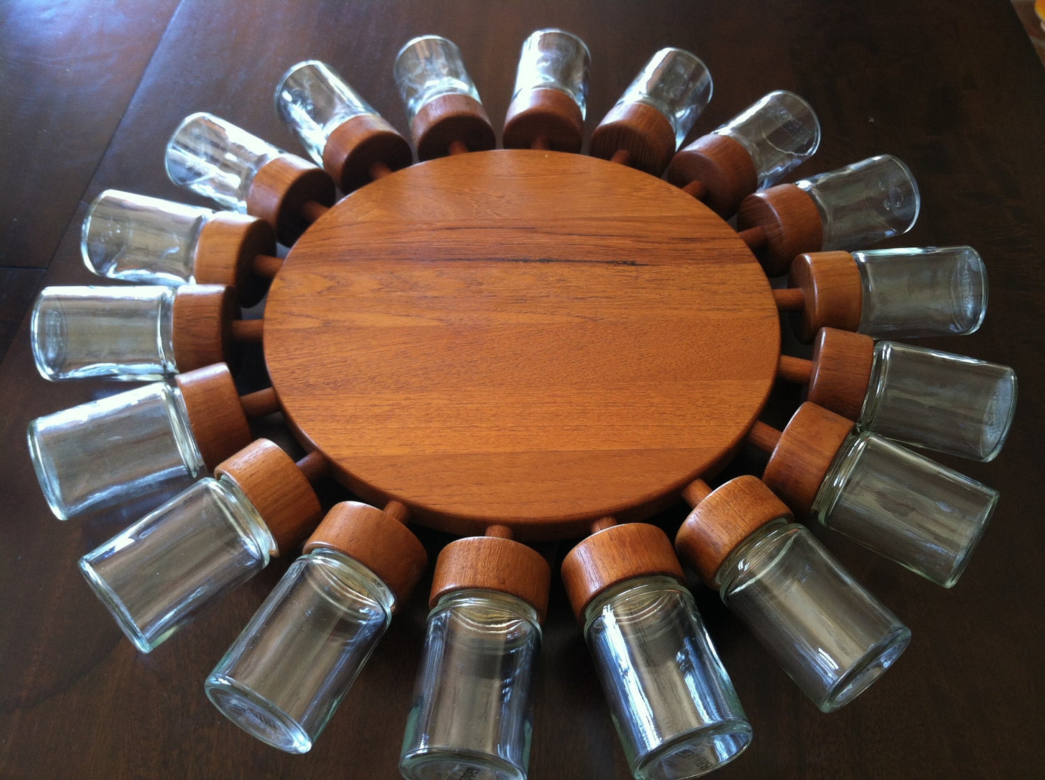 RESERVED for Barbara Teak 18 Bottle Rotating Spice Wheel Denmark c1964 Mad Men