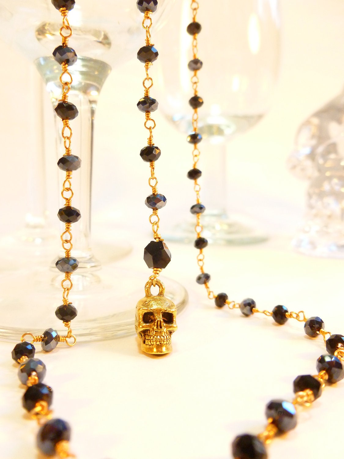 Black Crystal and Gold Skull Delicate Rosary Necklace