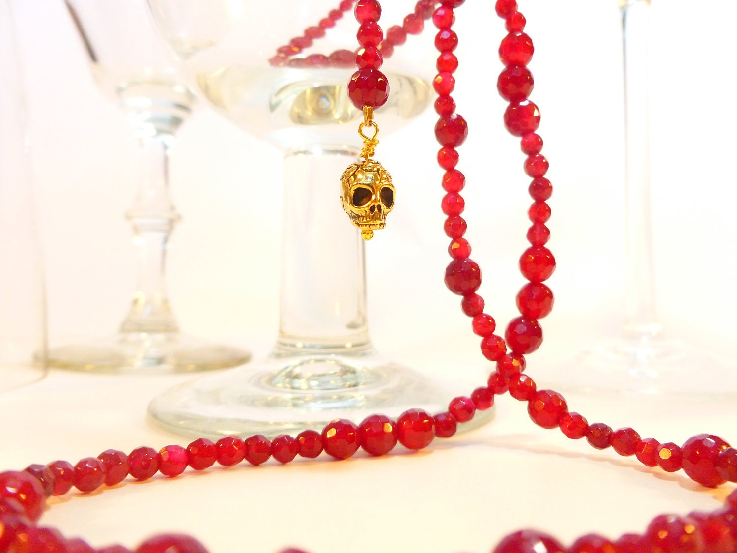 Ruby Red Crystal and Gold Sugar Skull Extra Long Rosary Necklace