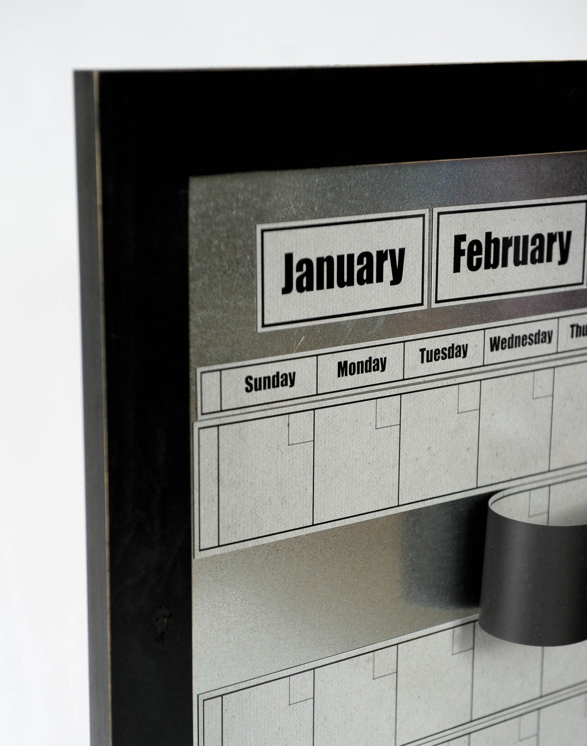 Large Magnetic Dry/Wet Erase Calendar with 6 weeks Showing at All Times. Grey with Black Frame