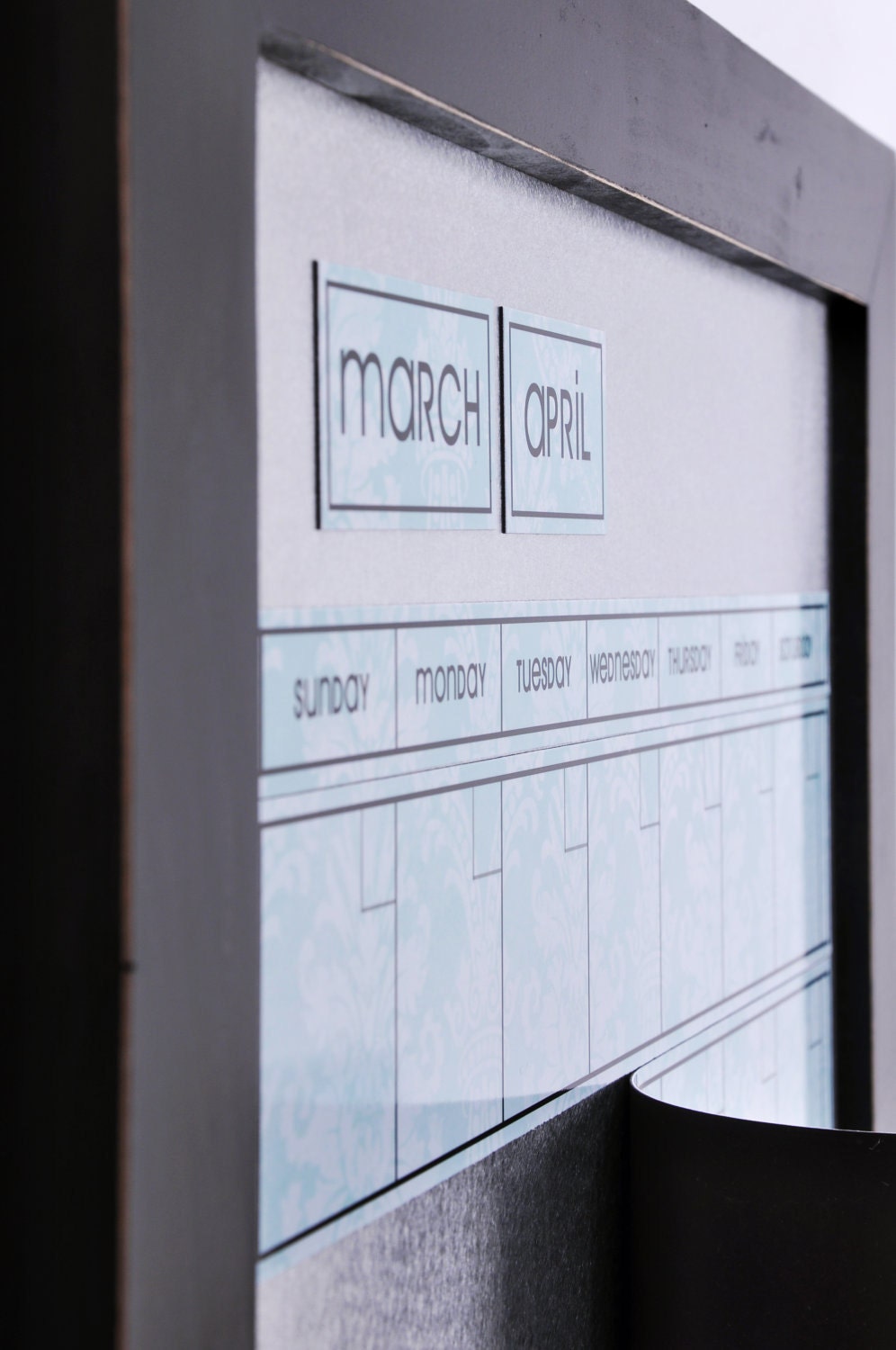 Large Dry/Wet Erase Magnetic Calendar with 6 Weeks Showing at all times. Vintage Light Blue Calendar Kit with Black Frame.
