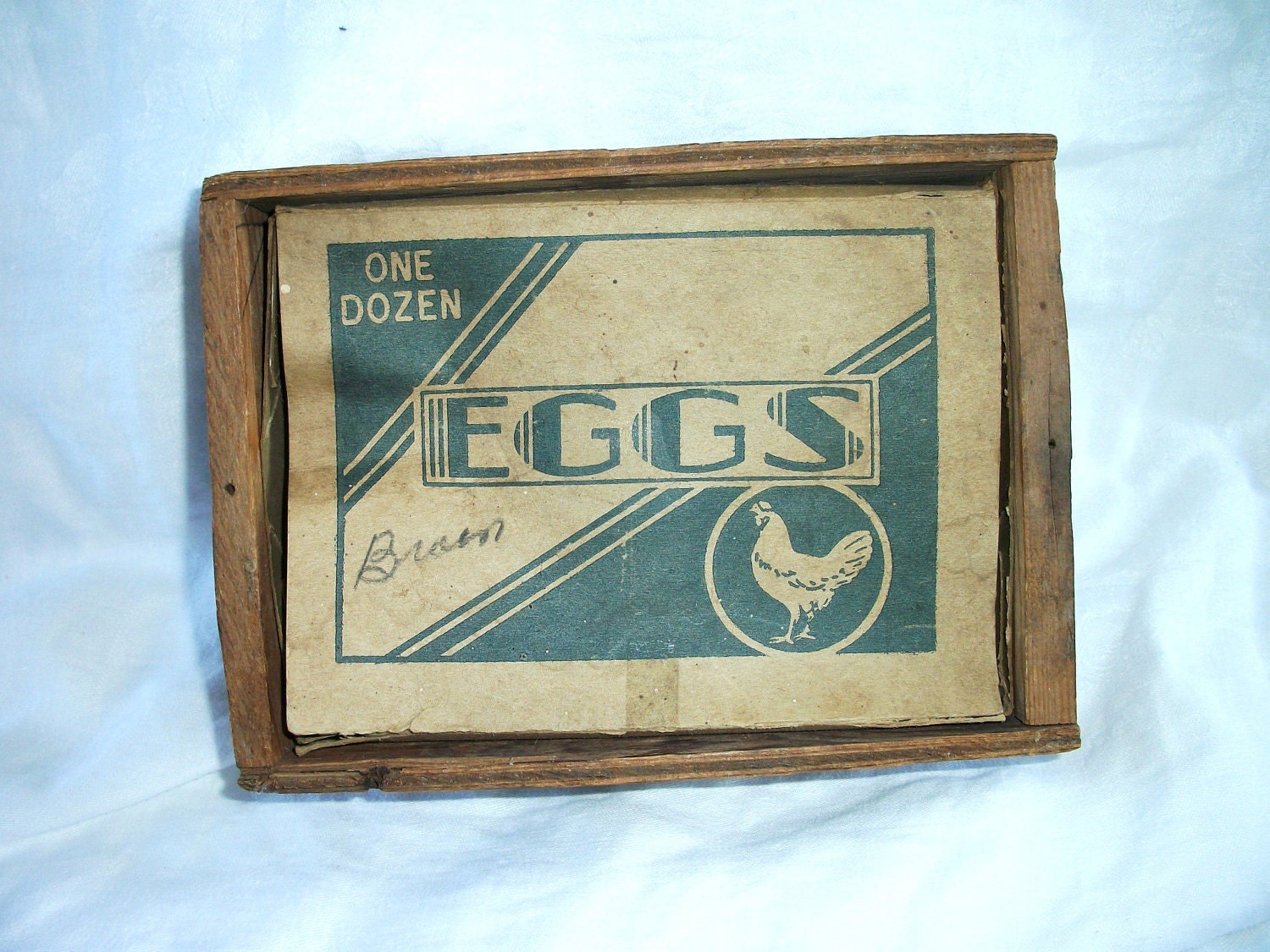 Vintage Old Wooden and Paper Chicken EGG box - Primitive Wood