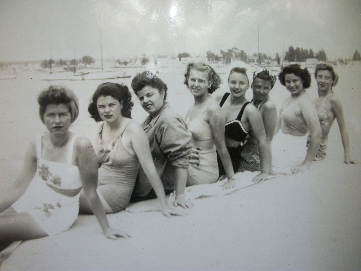 1940's era Vintage Real Photo - Pretty - Young Ladies Swimsuits - 8 Women Trying to Look Sexy - BW