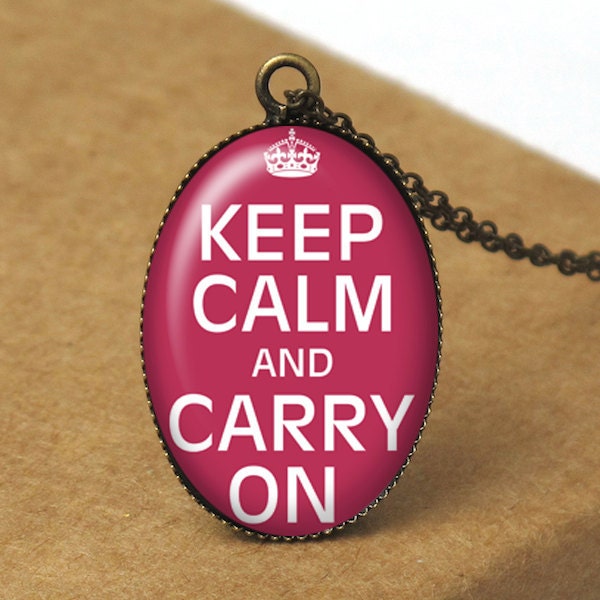 Keep Calm and Carry On Pendant Necklace, Keep Calm Jewelry, Cherry Red Necklace, Keep Calm Necklace, Quote Necklace N234