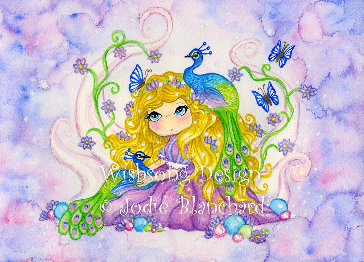 Fantasy Peacock Girl painting "The Peacock Maiden" Aceo Print 2.5 x 3.5