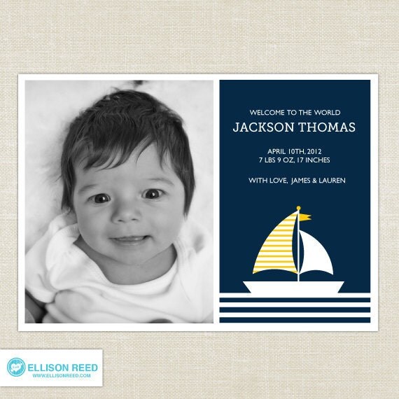 Nautical Birth Announcement - Printable - Baby Boy - sail boat - new baby - baby shower - Navy - Yellow - DIY Printable Il_570xn