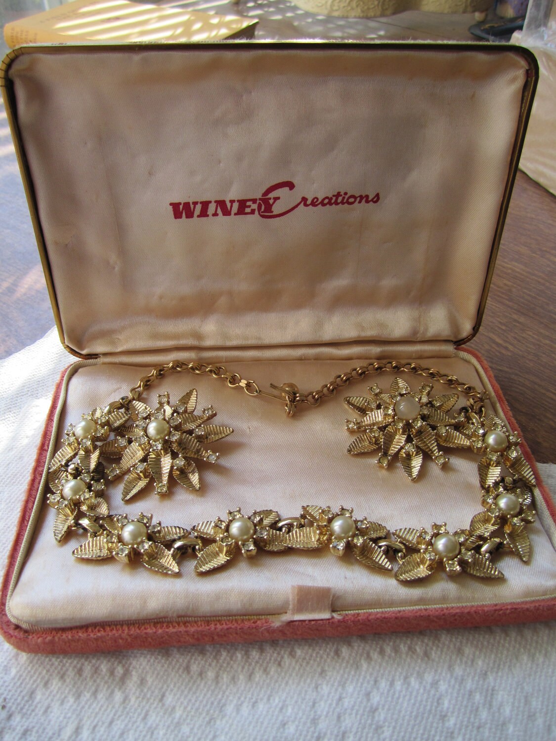 SALE SAVE 4.00..Vintage Winey Creations, presentation box, with costume necklace and clip on's.
