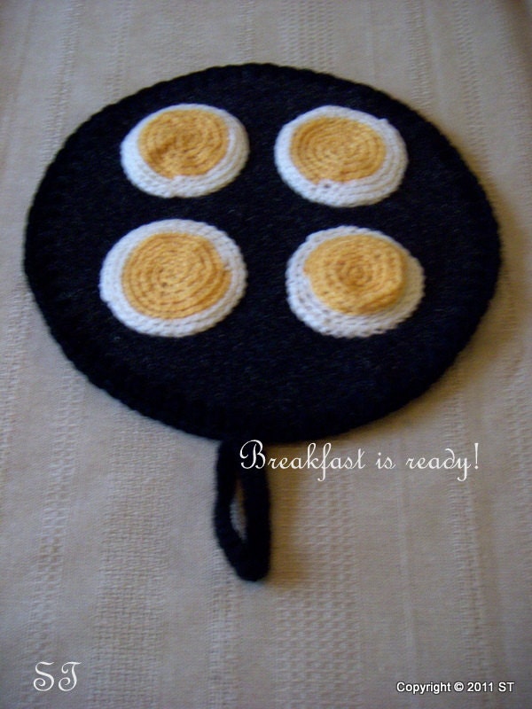 Fried Eggs -Pot holder, from Felted Wool fabric and Wool/Acrylic yarn, Eco-friendly, FINLAND