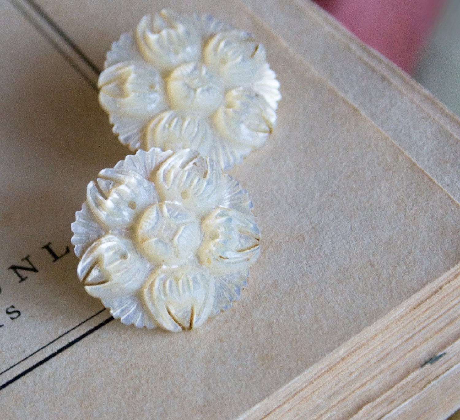 Vintage 1920s Earrings . Clip On Earrings . Carved Mother of Pearl Earrings Antique
