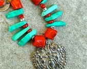 TRIBAL NECKLACE -  Boho Necklace -Turquoise and Coral Necklace - Tibetan Silver Pendant