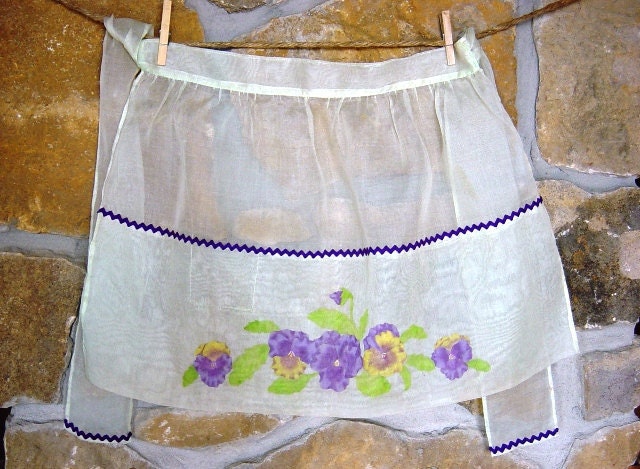 Sheer Hostess Apron with Purple and Yellow Pansies, Purple Ric-Rac. Hand Sewn Trim.