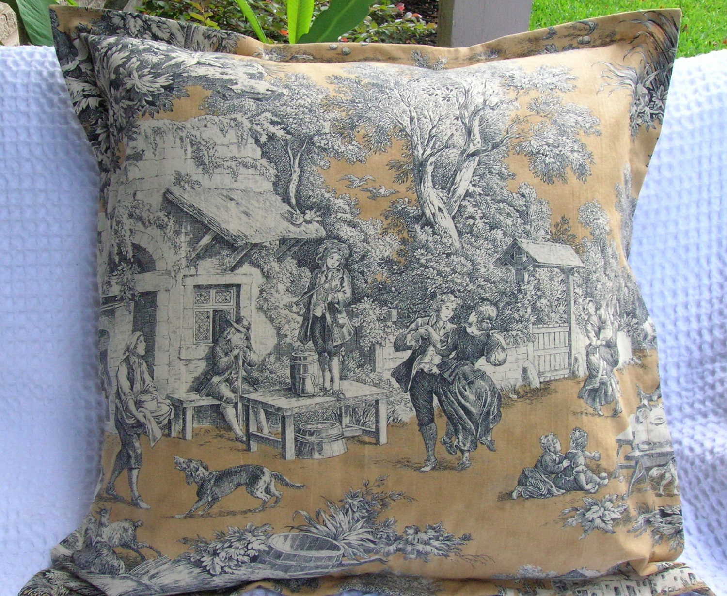Striking French Toile Pillow Cover - Classic French Toile Design in Soft Gold, Charcoal, & Ivory - Lovely Design - 20" x 20" W/1" Flange