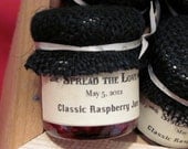 Custom Wedding Favor, Elegant Jam Favors with Black Burlap Cover 1.5 oz