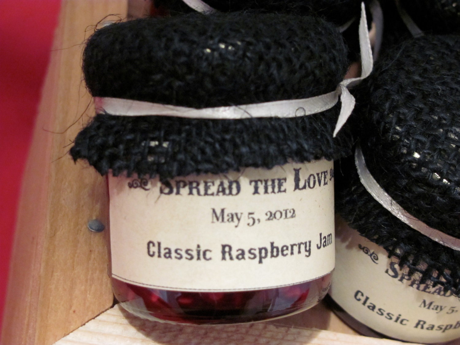 Custom Wedding Jam Favors with Black Burlap Cover 1.5 oz