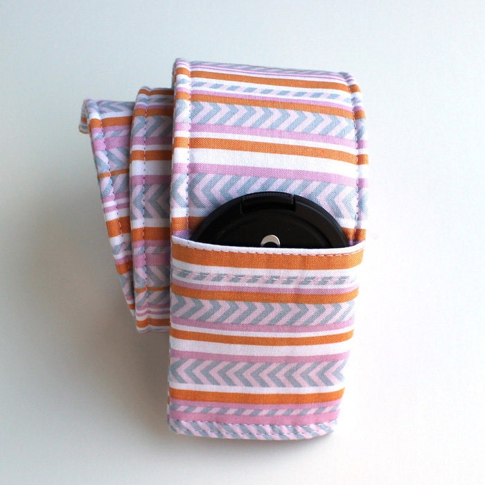 DSLR Camera Strap Cover - Padding and Lens Cap Pocket -  Chevron Pink Orange Grey Stripe