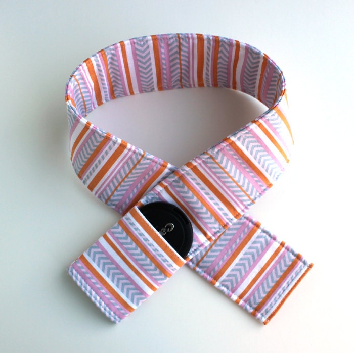 DSLR Camera Strap Cover - Padding and Lens Cap Pocket -  Chevron Pink Orange Grey Stripe