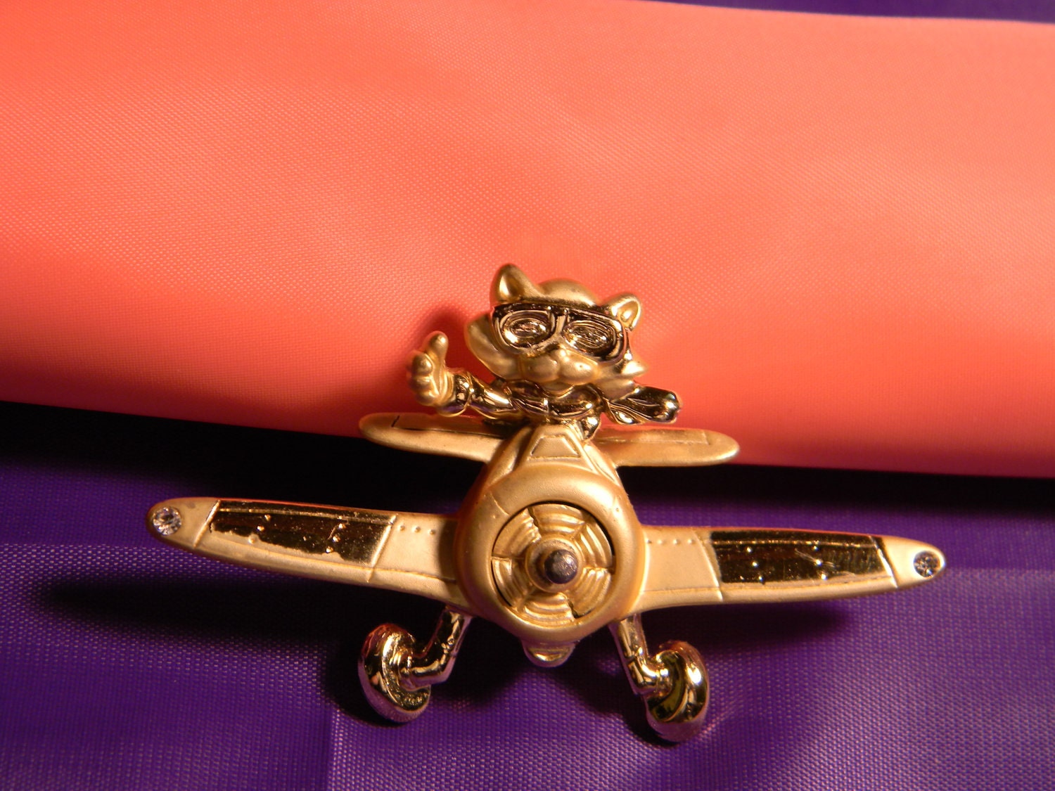 Cat Flying Airplane, Vintage Brooch, Comical, AJC