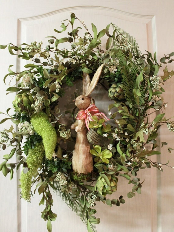FREE SHIPPING -- Elegant Easter Wreath with Easter Rabbit / Artichokes / White Flowers