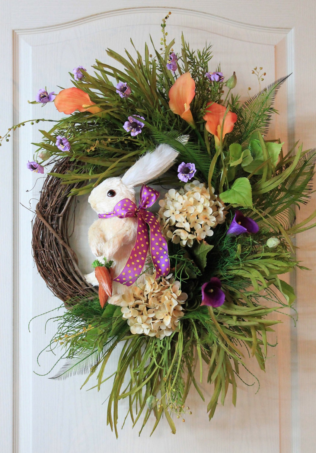 Easter Bunny Wreath, Straw Bunny, Hydrangeas, Lilies, Grass, Ferns, Wild Flowers -- FREE SHIPPING