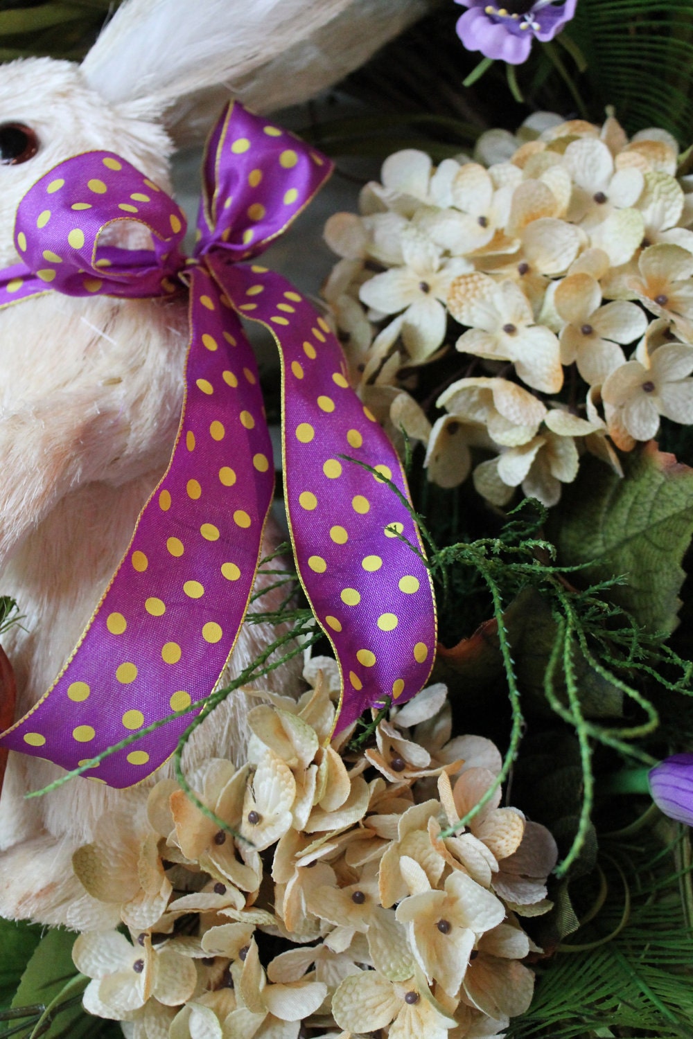 Easter Bunny Wreath, Straw Bunny, Hydrangeas, Lilies, Grass, Ferns, Wild Flowers -- FREE SHIPPING