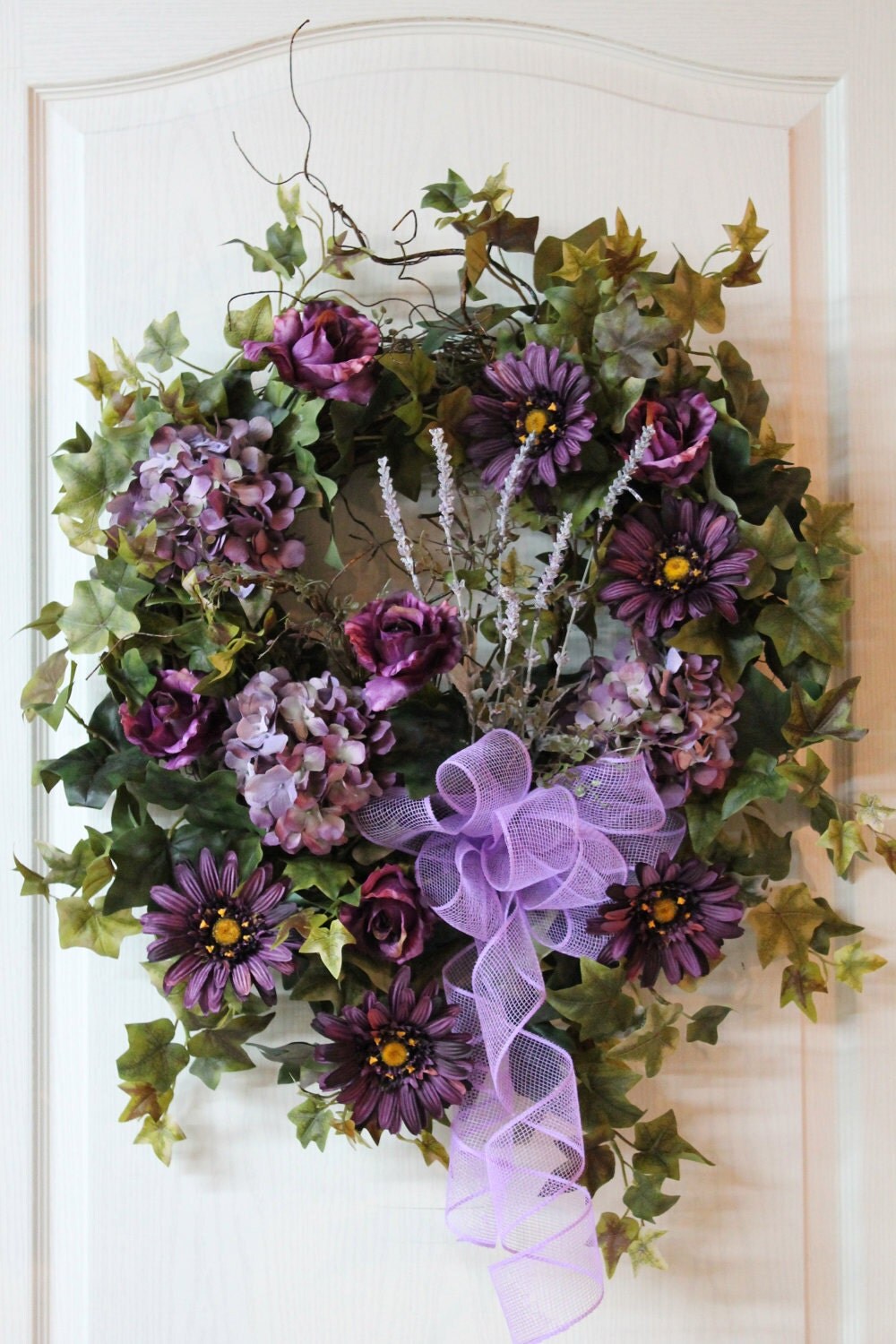 Summer Front Door Wreath, Beautiful Purple Roses, Hydrangeas, Daisies, Lavender -- FREE SHIPPING