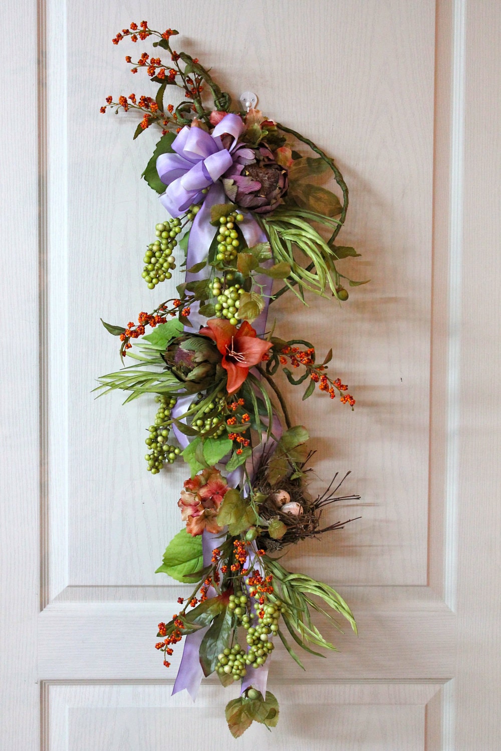 Beautiful Wall/Door Hanging, Bird Nest, Artichokes, Hydrangeas, Lilies, Grass, Berries, Vines -- FREE SHIPPING