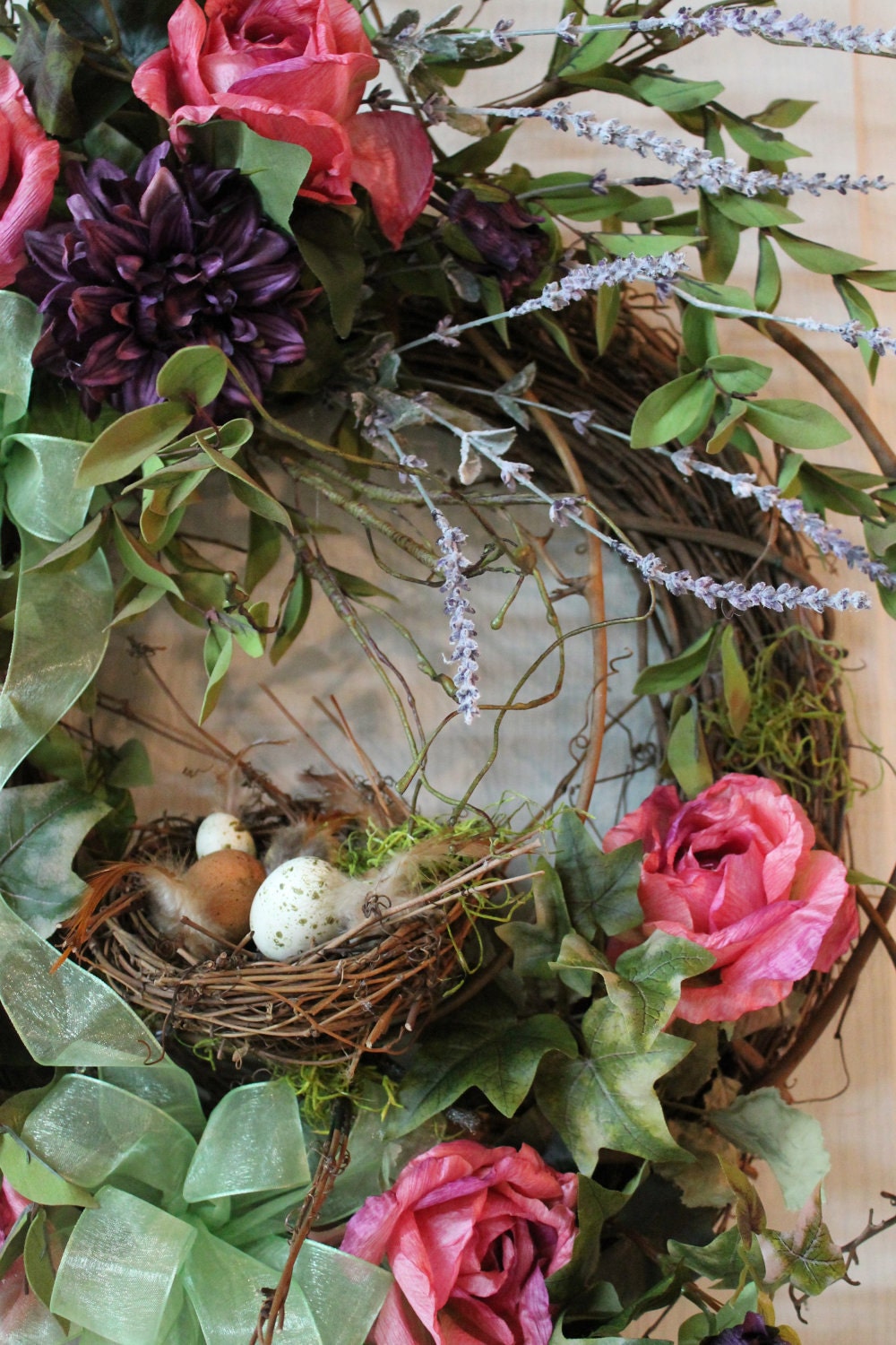 Front Door Wreath, Country Wreath, Summer Wreath, Fall Wreath, Bird Nest Wreath, Outdoor Wreath, Silk Wreath, Roses -- FREE SHIPPING