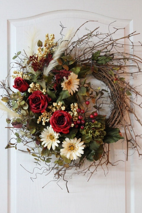 Front Door Twig Wreath, Red Roses, Daisies, Peony, Feathers, Berries, Great Gift -- FREE SHIPPING