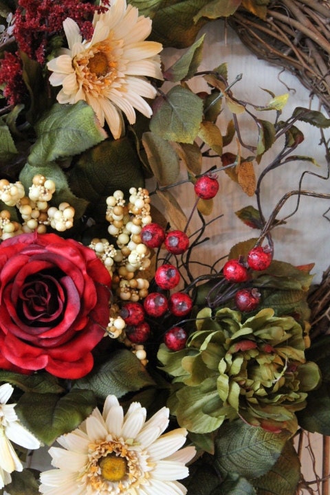 Front Door Twig Wreath, Red Roses, Daisies, Peony, Feathers, Berries, Great Gift -- FREE SHIPPING