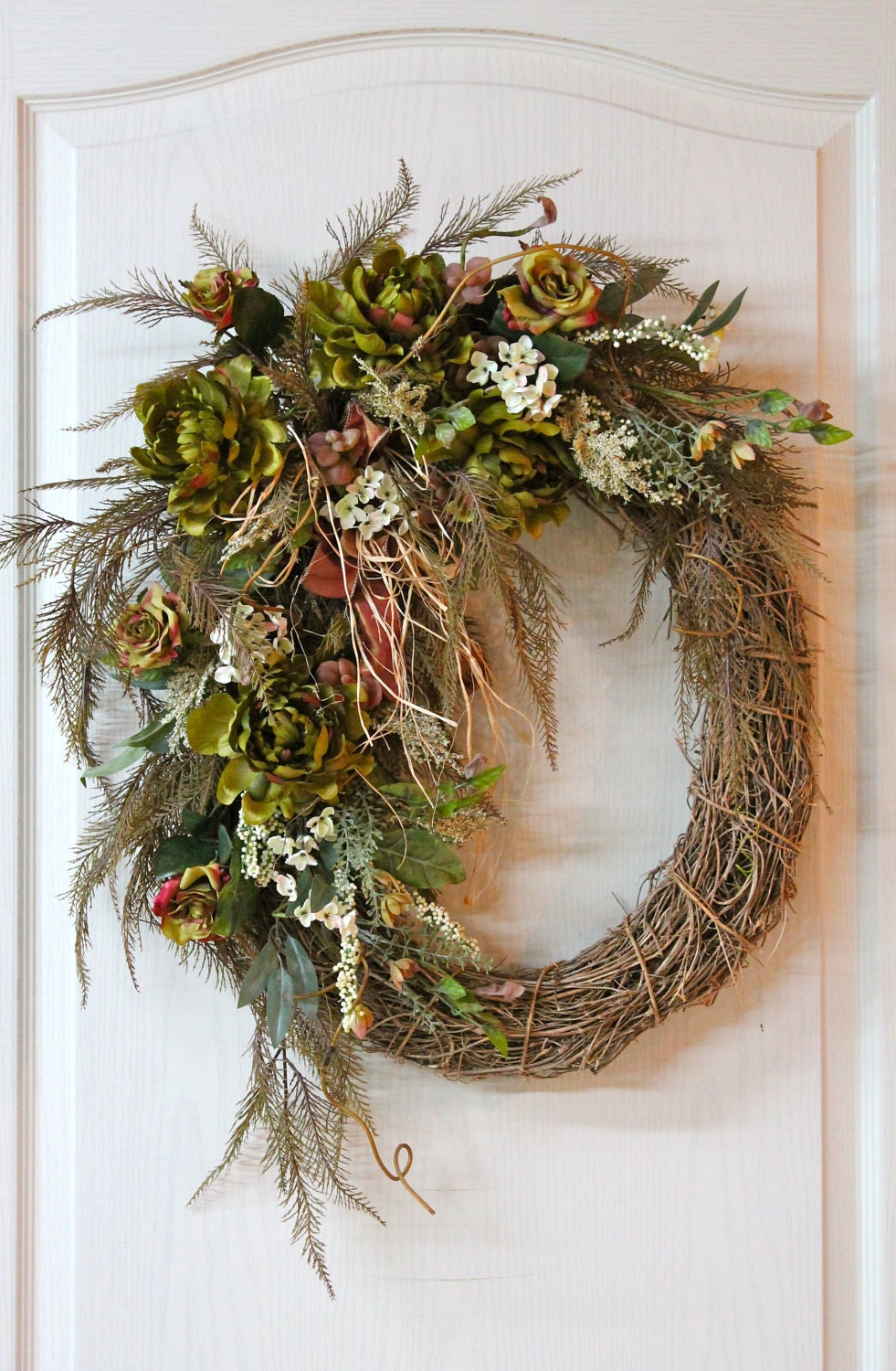 Front Door Wreath, Country Wreath, Summer Wreath, Fall Wreath, Rustic Wreath, Green Peonies, Roses, Ferns, Country Decor -- FREE SHIPPING