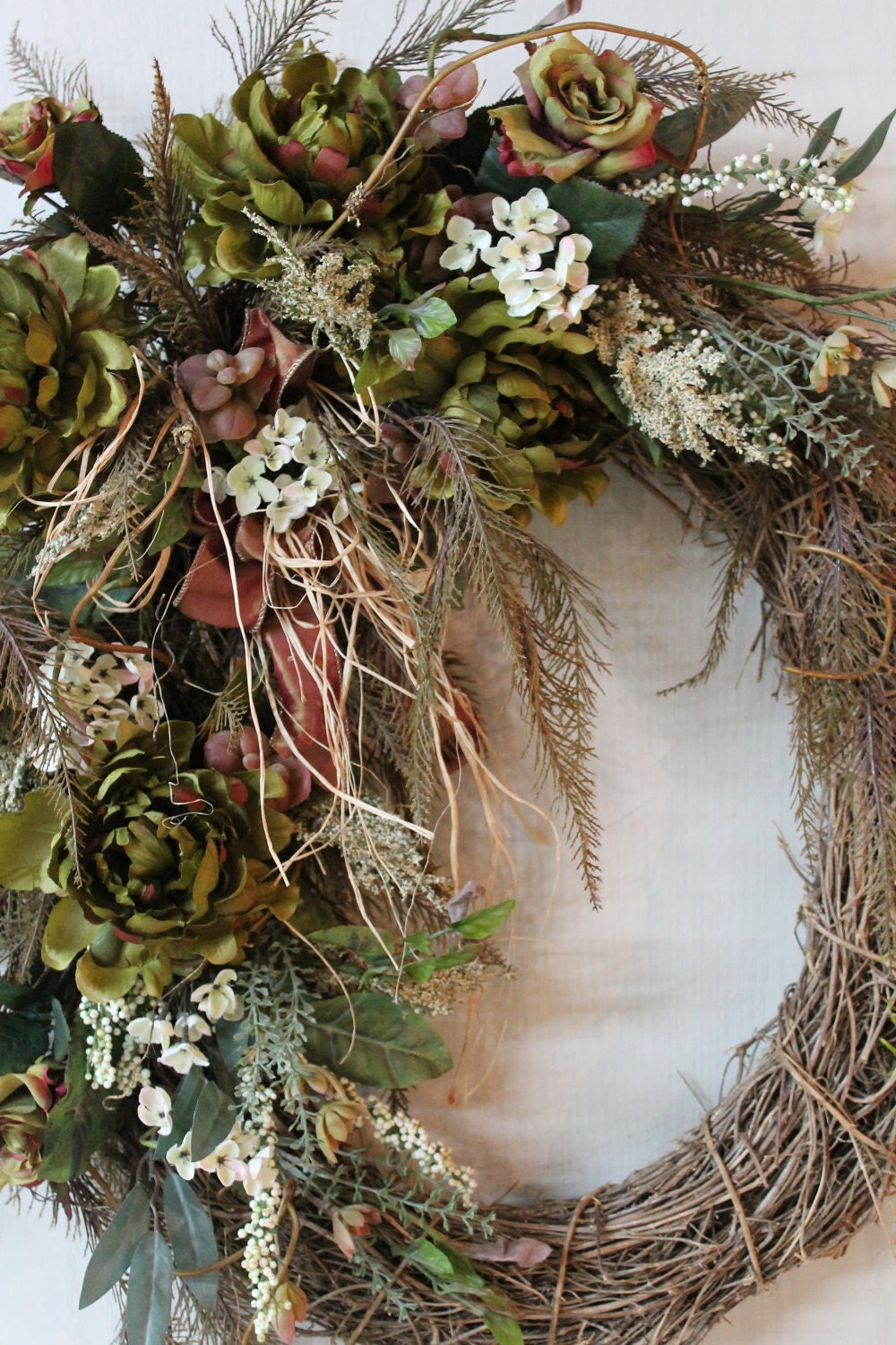 Front Door Wreath, Country Wreath, Summer Wreath, Fall Wreath, Rustic Wreath, Green Peonies, Roses, Ferns, Country Decor -- FREE SHIPPING