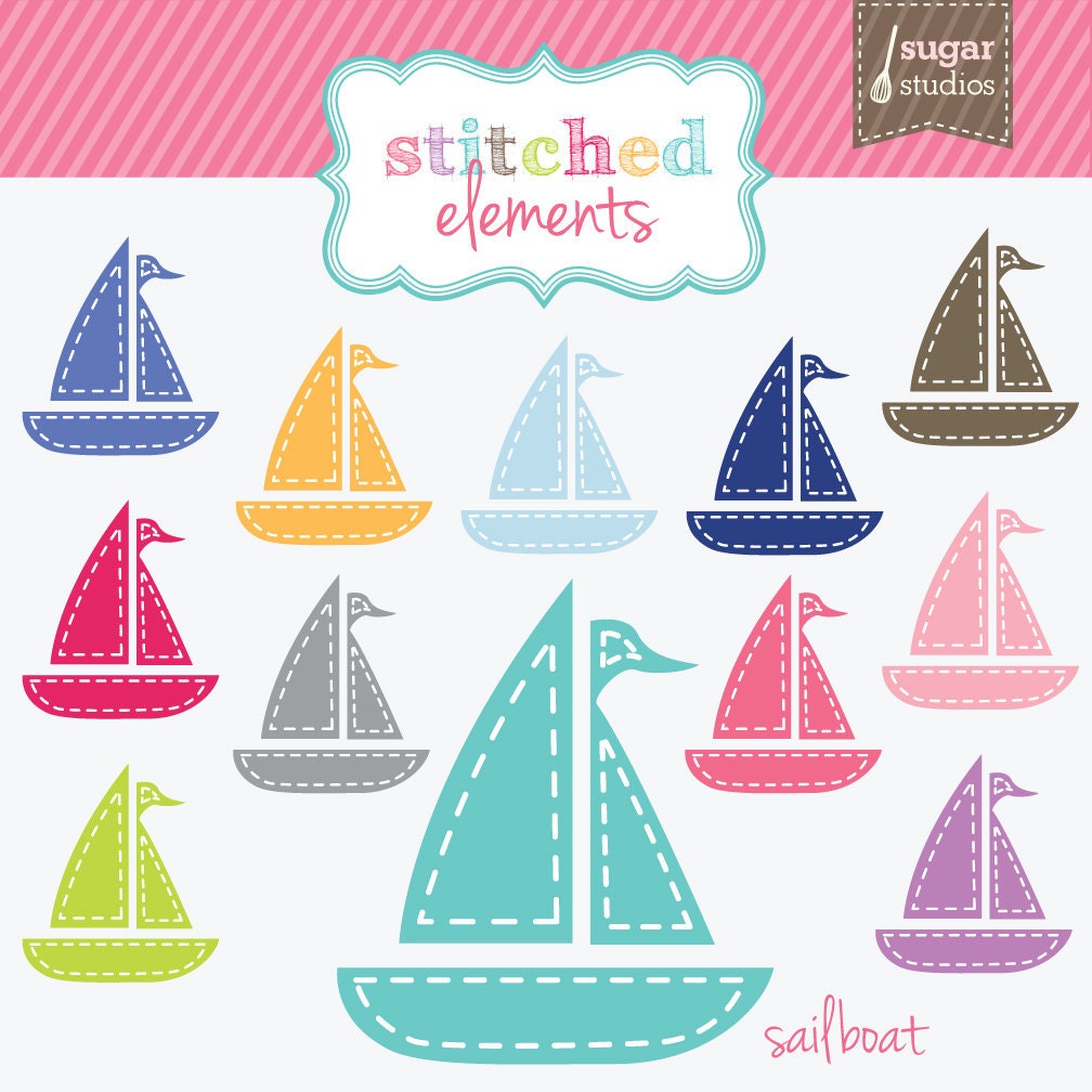 Stitched Sailboats Digital Clipart - 12 Pieces for Personal & Commercial Use