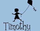Custom Name With Boy and Kite - Children's Room Wall Art Vinyl Personalized Boy Baby Toddler Decal