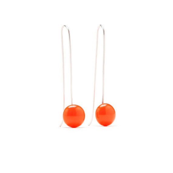 Long earrings, handmade silver, modern jewelry, tangerine orange