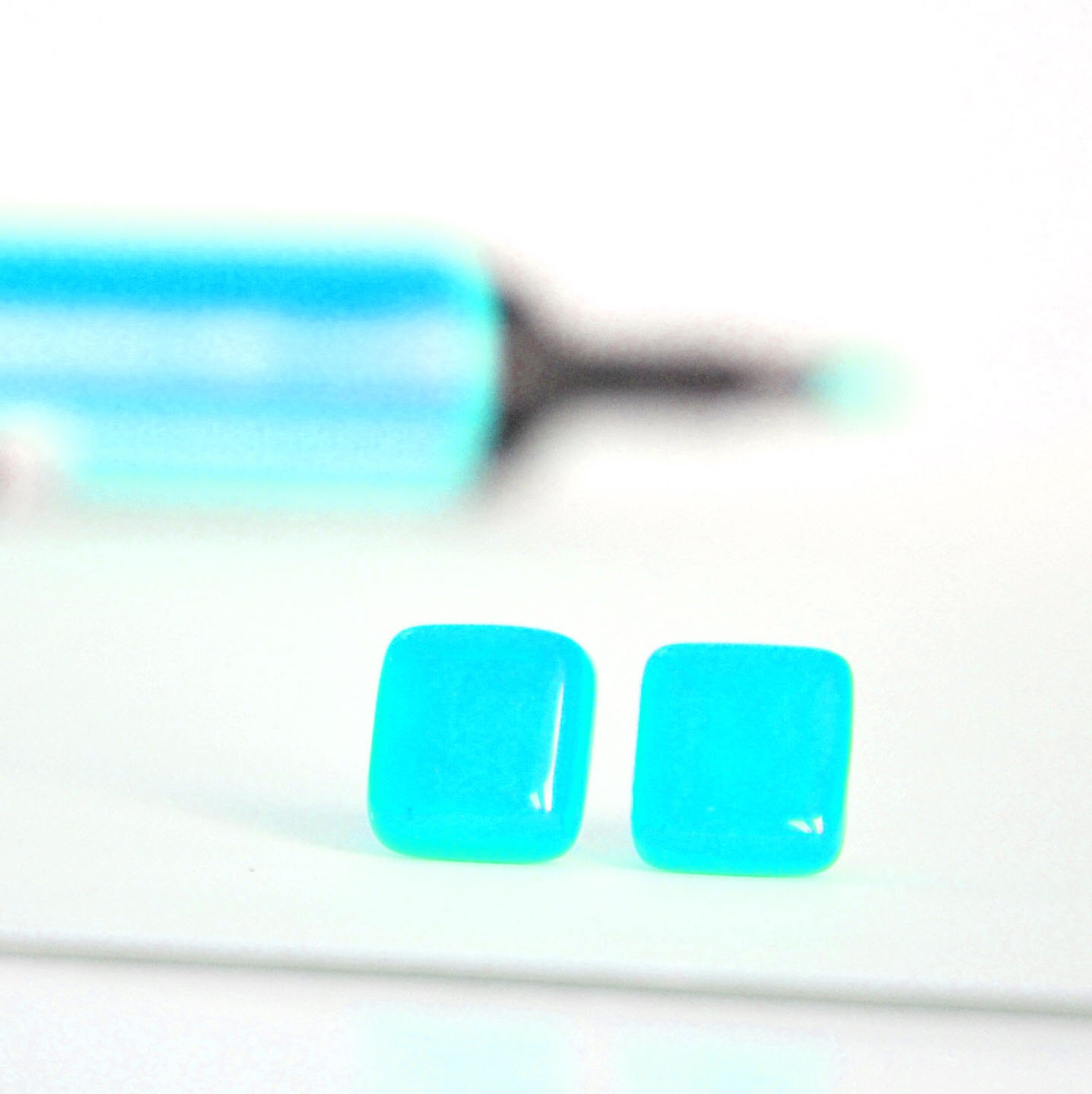 Turquoise square - silver plated, fused glass stud / post earrings
