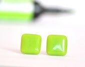 Chartreuse square - silver plated, fused glass stud / post earrings