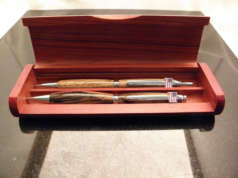 Zebra Wood Pen and Pencil Set with Silver American Flag Clip