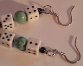 SALE Silver Fish Hook Dice and Turquoise Dangle Earrings Vegas Casino Night Stocking Stuffer