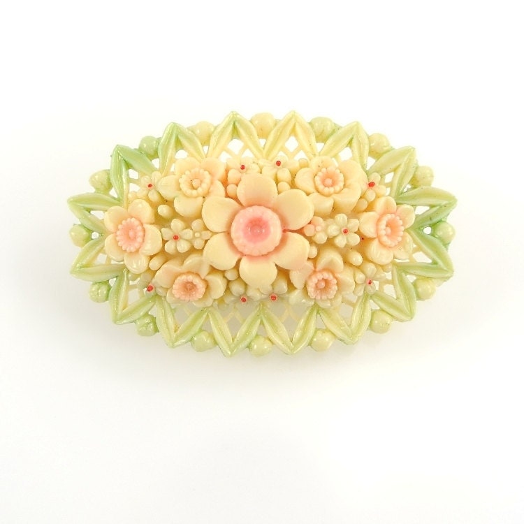 Vintage Flower Brooch, Celluloid Plastic Brooch, Occupied Japan, 1940s Hand Painted Plastic Jewelry, Pastel Pink Green Ivory