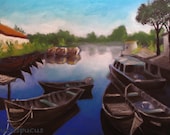Art Print Fishing boats blue river Danube Delta - ucuspucus