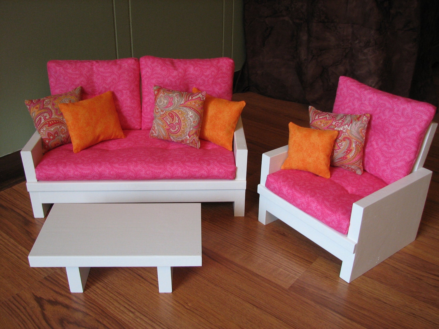 American Girl sized / 18" Doll Living Room furniture set - Loveseat/Chair/Table in pink/tangerine/paisley