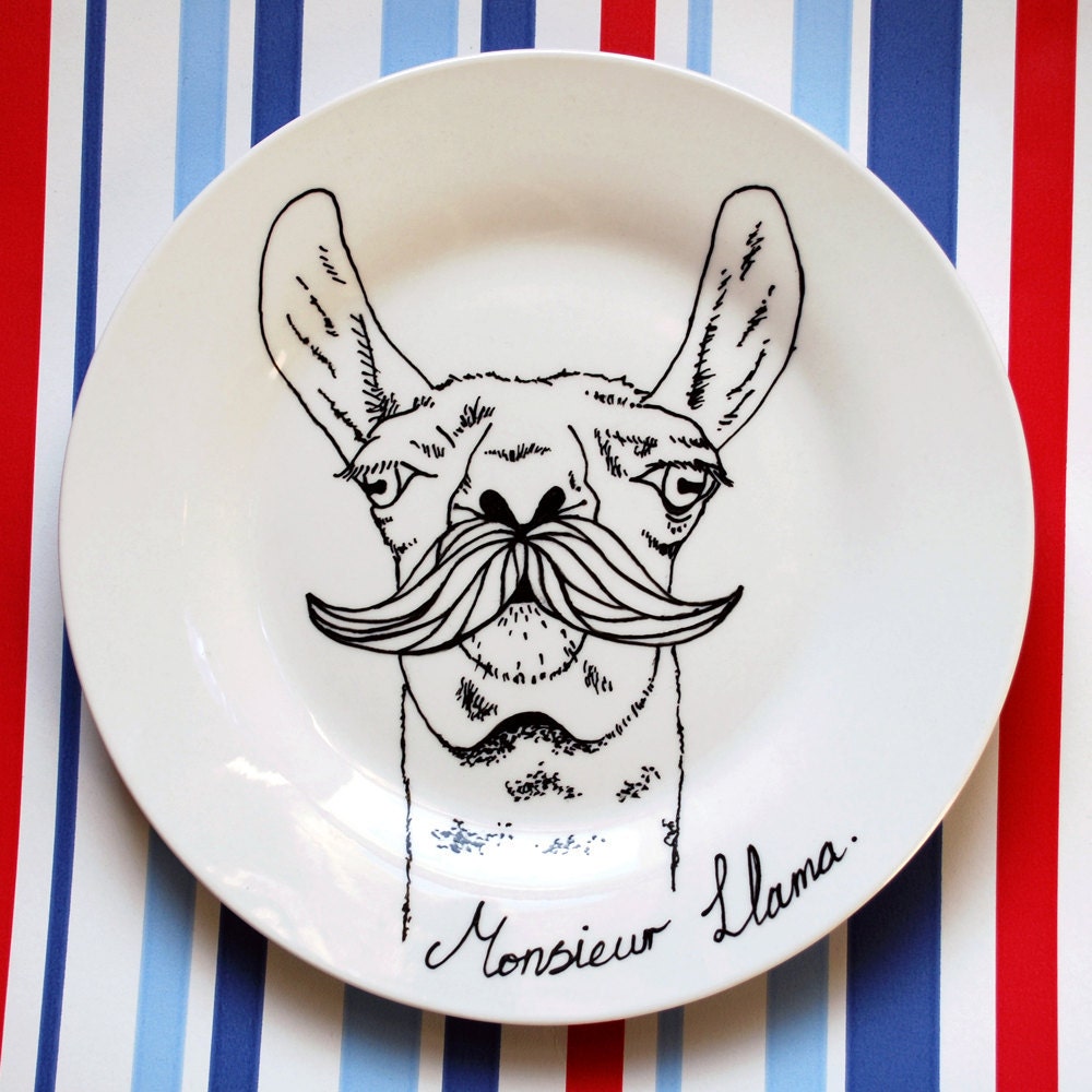 Monsieur Llama with Moustache - Hand Drawn Plate