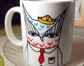 Owl in a Suit & Paper Hat Mug - Hand Drawn