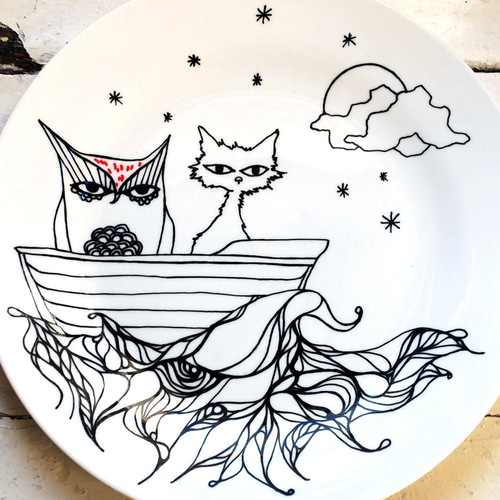 Owl & the Pussy Cat Hand Drawn Plate