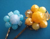 Sun in the Sky: Repurposed Vintage 1950s Blue Bead and Orange Golden Sunshine Cluster Earrings into Hair Pin Bobby Pin Set