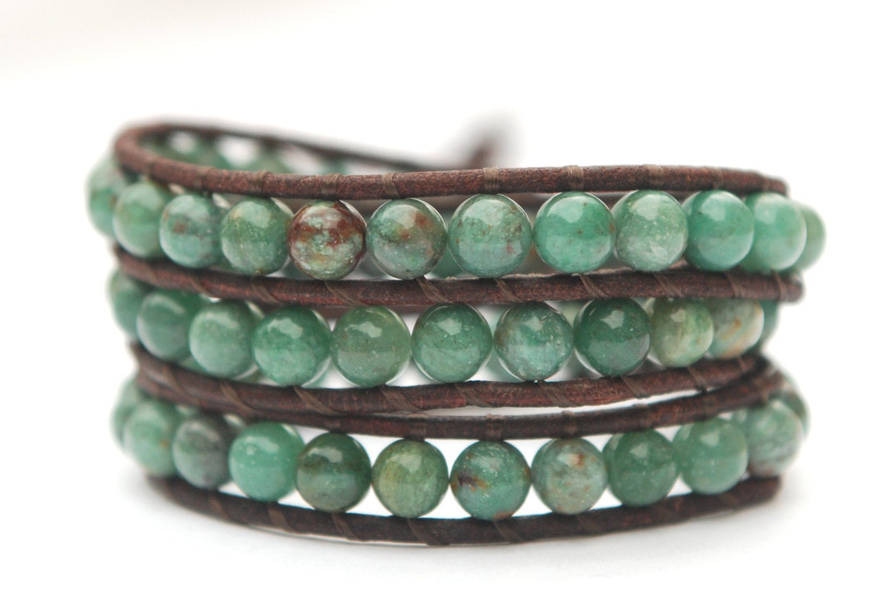 Beaded leather wrap bracelet. African jade triple wrap leather bracelet with solid silver plated button. WSR3v013