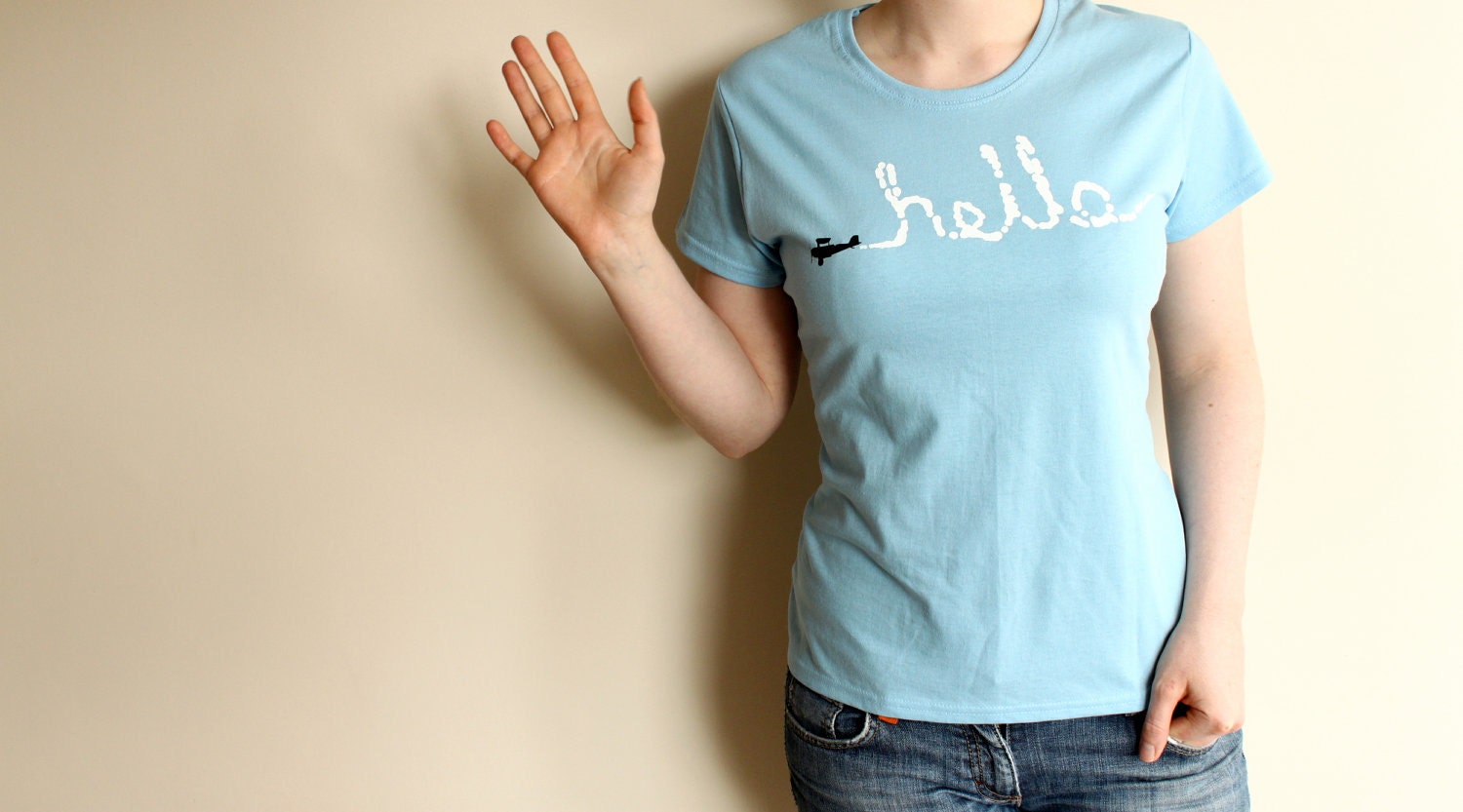 Airplane Womens T Shirt - Biplane Sky Writing T Shirt - Sky Blue T Shirt