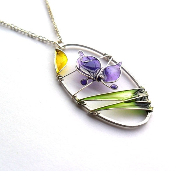 Spring pendant, purple butterfly pendant, wire wrapped, resin pendant, oval shaped, nature inspired