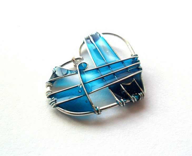 Turquoise heart necklace, blue resin necklace, heart jewelry, valentine's gift, wire wrapped pendant, stained glass inspired