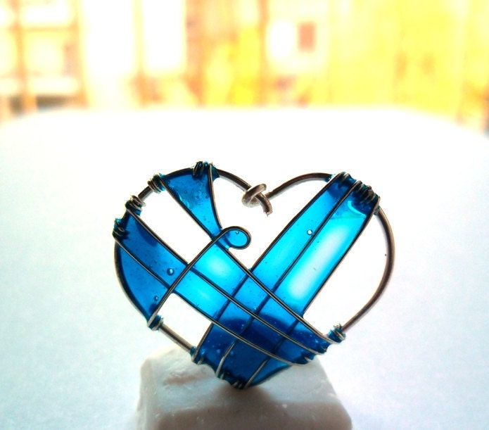 Turquoise heart necklace, blue resin necklace, heart jewelry, valentine's gift, wire wrapped pendant, stained glass inspired